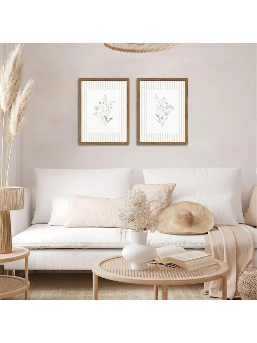 Set of 2 Neutral Wildflower Wall Art - Vintage Floral Prints for Rustic Decor